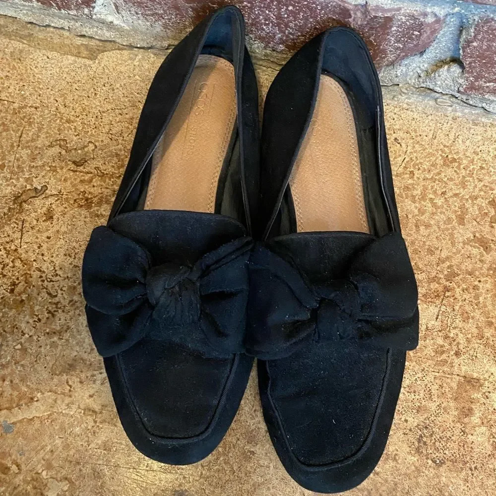 Asos‎ black suede leather bow top square toe slip on loafers